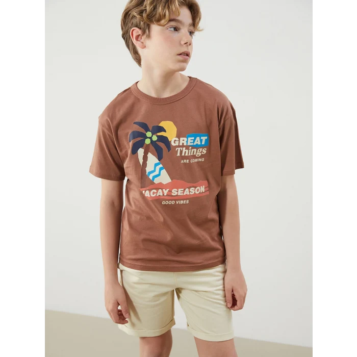 LCW Kids Kahverengi Bisiklet Yaka Erkek Çocuk Tişört ve Şort