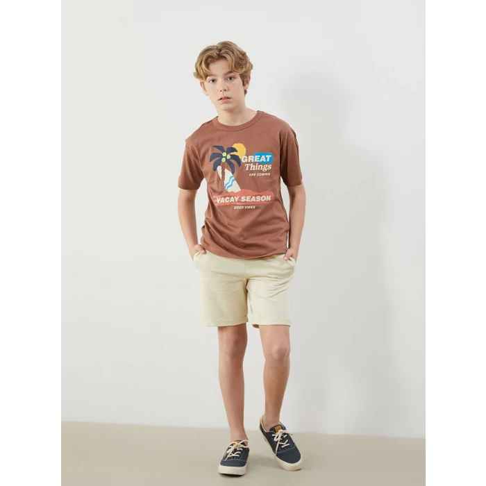 LCW Kids Kahverengi Bisiklet Yaka Erkek Çocuk Tişört ve Şort