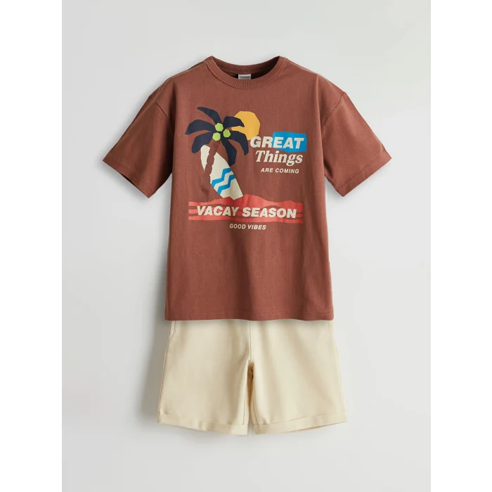 LCW Kids Kahverengi Bisiklet Yaka Erkek Çocuk Tişört ve Şort