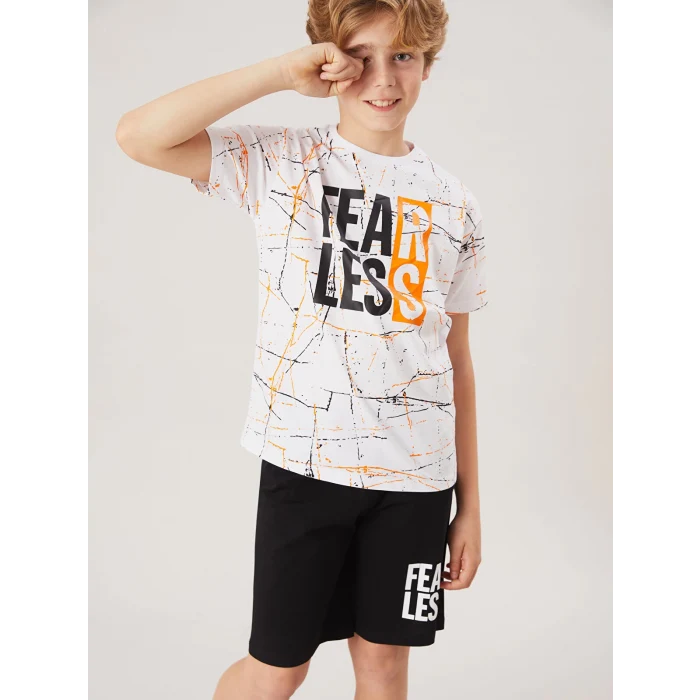 LCW Kids Beyaz Bisiklet Yaka Erkek Çocuk Şortlu Pijama Takımı