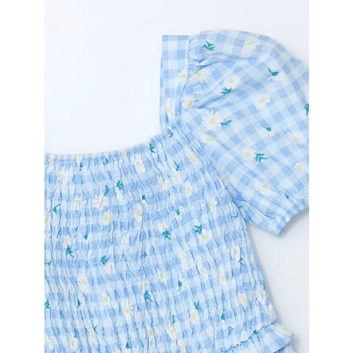 LCW Kids Mavi Kare Yaka Çiçekli Kız Çocuk Elbise