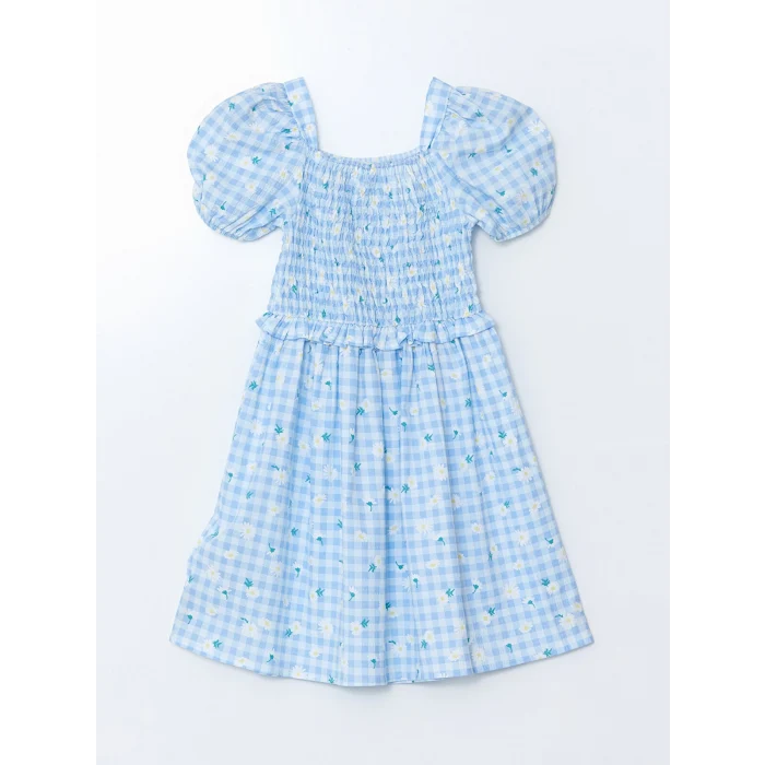 LCW Kids Mavi Kare Yaka Çiçekli Kız Çocuk Elbise