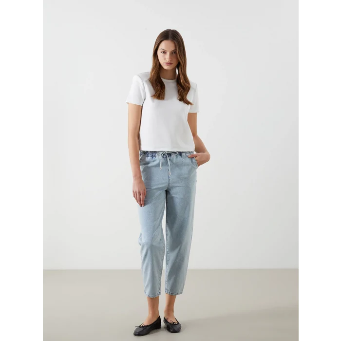 LCW Jeans Indigo Beli Lastikli Mom Fit Kadın Jean Pantolon