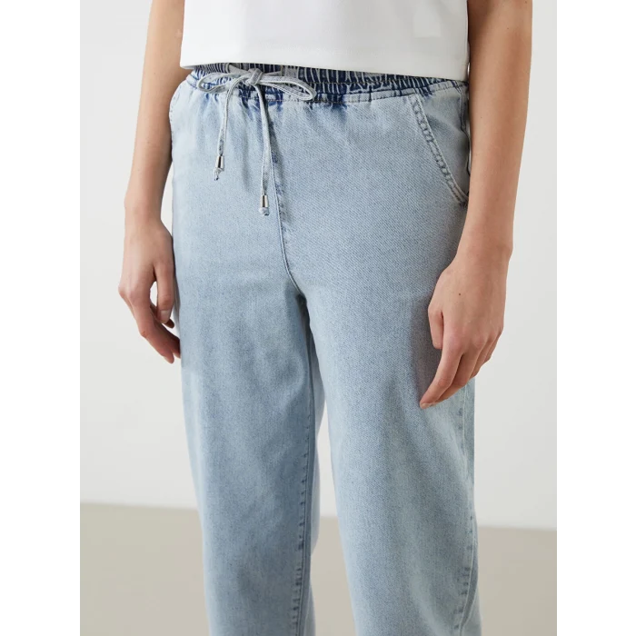 LCW Jeans Indigo Beli Lastikli Mom Fit Kadın Jean Pantolon