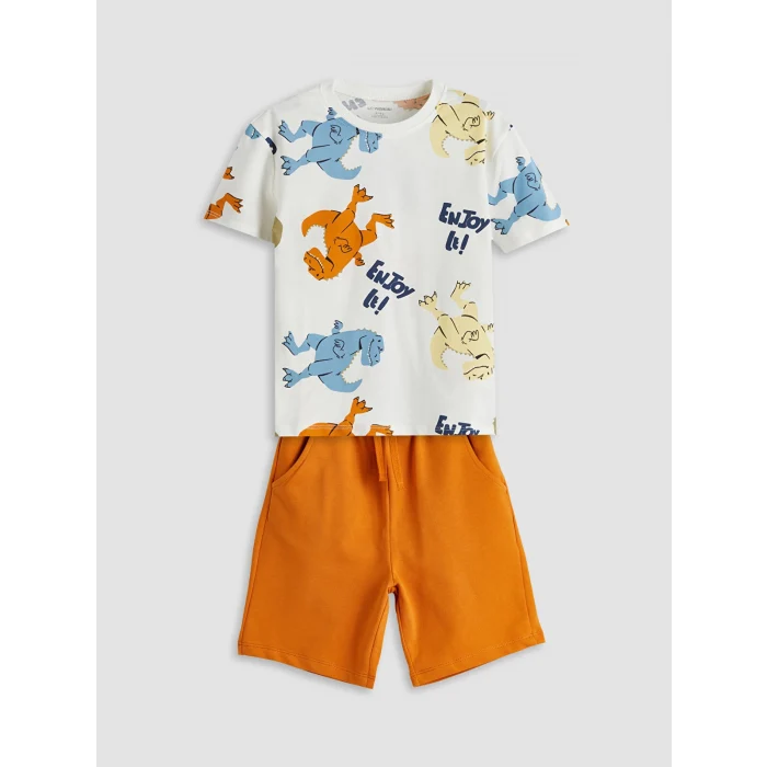LCW Kids Ekru Dinozor Baskılı Erkek Çocuk Tişört ve Şort 2li