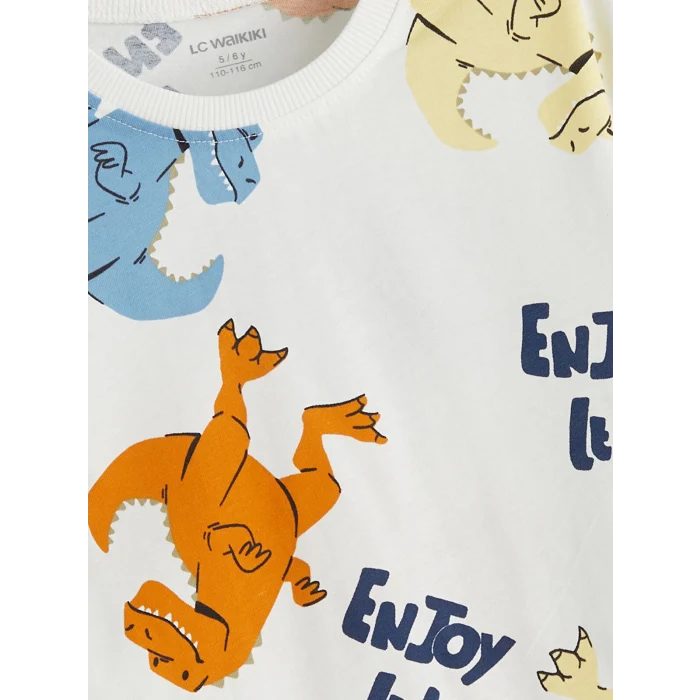 LCW Kids Ekru Dinozor Baskılı Erkek Çocuk Tişört ve Şort 2li