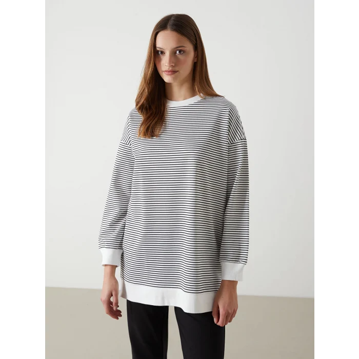 LCW Modest Siyah Çizgili Oversize Kadın Sweatshirt Tunik