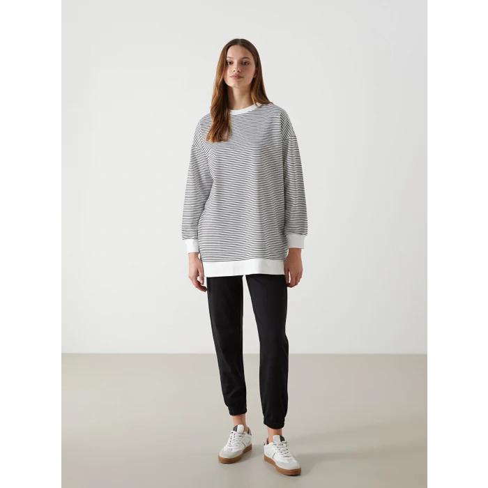 LCW Modest Siyah Çizgili Oversize Kadın Sweatshirt Tunik