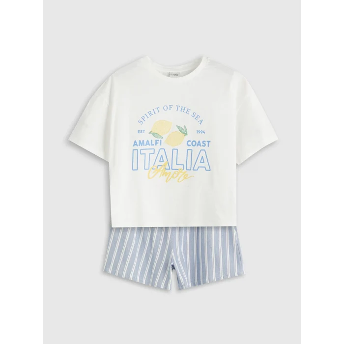 LCW Kids Ekru Bisiklet Yaka İtalya Baskılı Kız Çocuk Tişört ve Şort