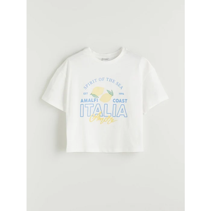 LCW Kids Ekru Bisiklet Yaka İtalya Baskılı Kız Çocuk Tişört ve Şort