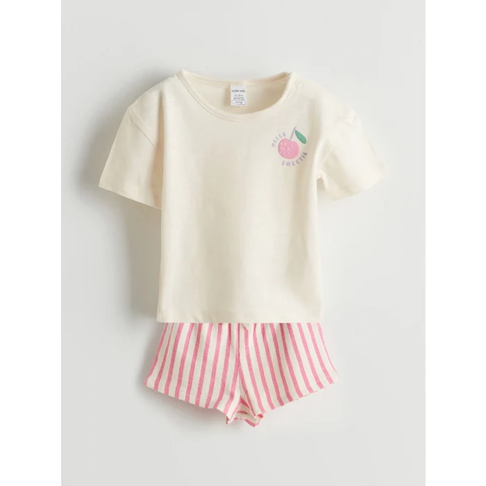 LCW baby Bej Baskılı Kız Bebek Tişört ve Çizgili Şort 2li