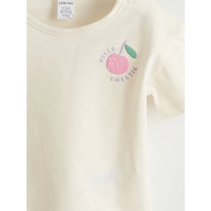 LCW baby Bej Baskılı Kız Bebek Tişört ve Çizgili Şort 2li