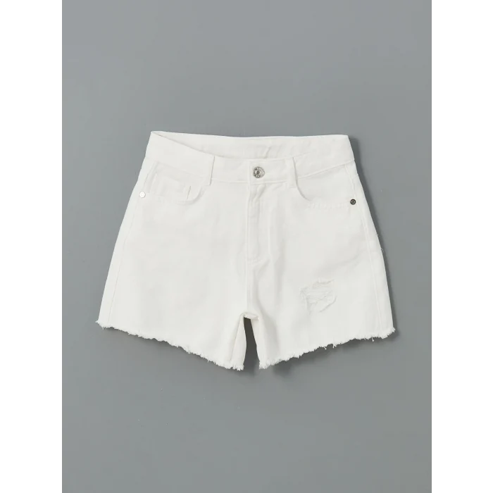 LCW Kids Beyaz Beli Ayarlanabilir Lastikli Kız Çocuk Jean Şort