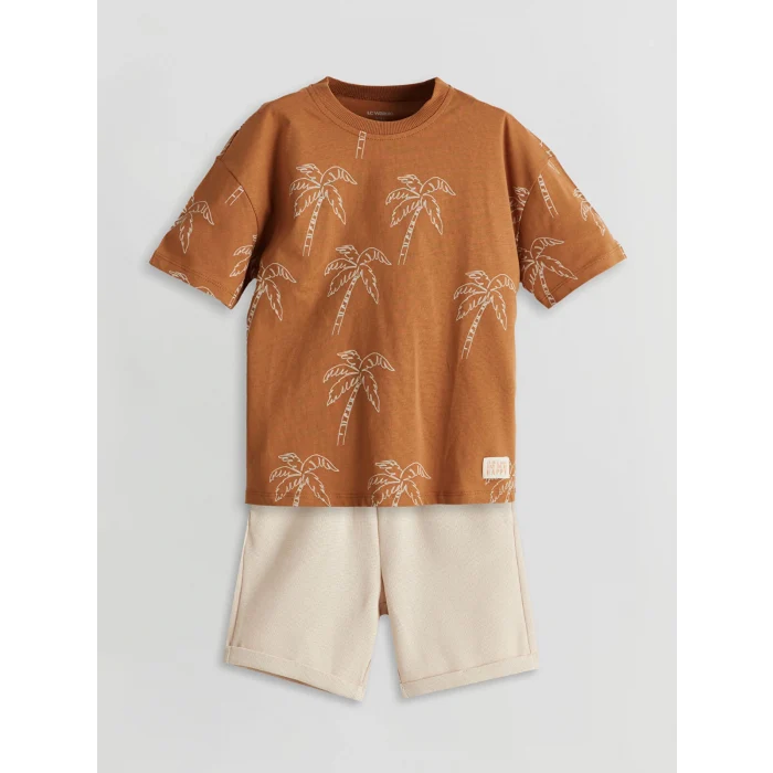 LCW Kids Kahverengi Baskılı Pamuklu Erkek Çocuk Tişört ve Şort 2li