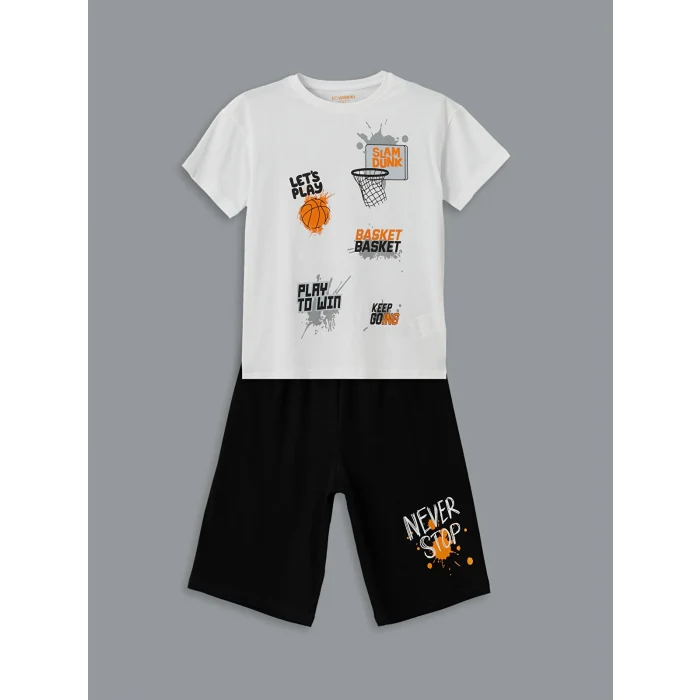 LCW Kids Beyaz Bisiklet Yaka Erkek Çocuk Şortlu Pijama Takımı