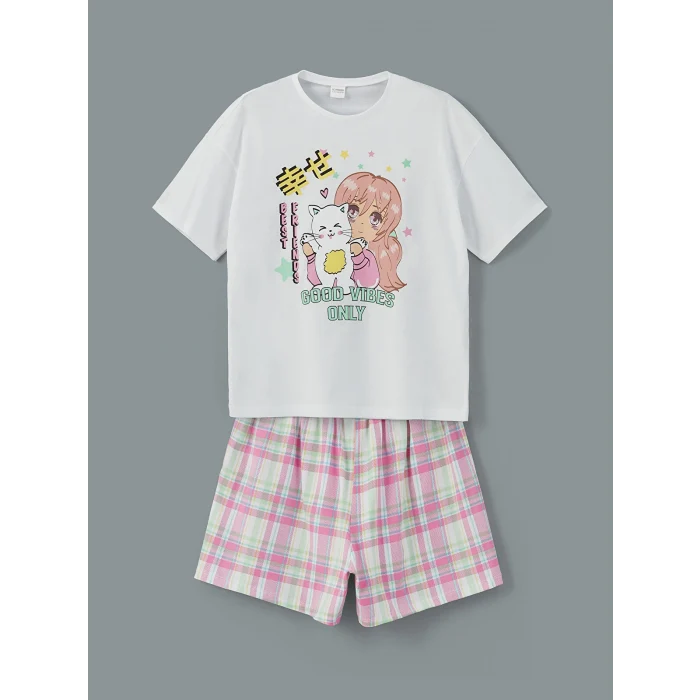 LCW Kids Beyaz Bisiklet Yaka Kız Çocuk Şortlu Pijama Takımı
