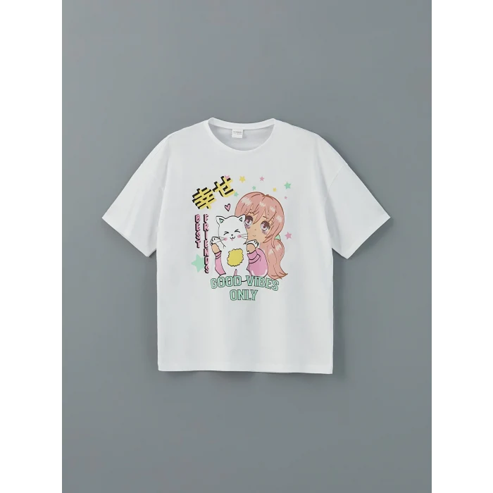 LCW Kids Beyaz Bisiklet Yaka Kız Çocuk Şortlu Pijama Takımı