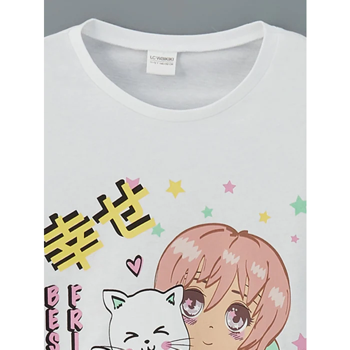 LCW Kids Beyaz Bisiklet Yaka Kız Çocuk Şortlu Pijama Takımı