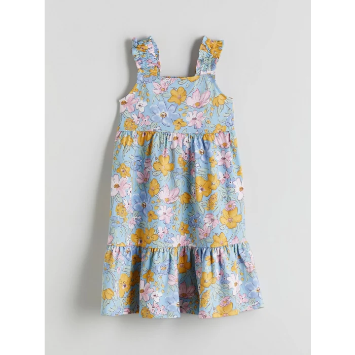 LCW Kids Mavi Kare Yaka Çiçekli Kız Çocuk Elbise