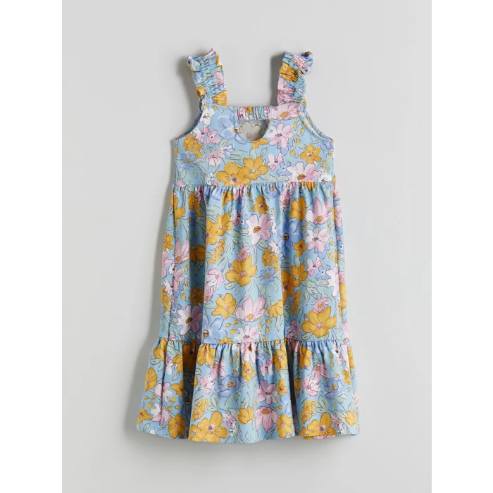 LCW Kids Mavi Kare Yaka Çiçekli Kız Çocuk Elbise