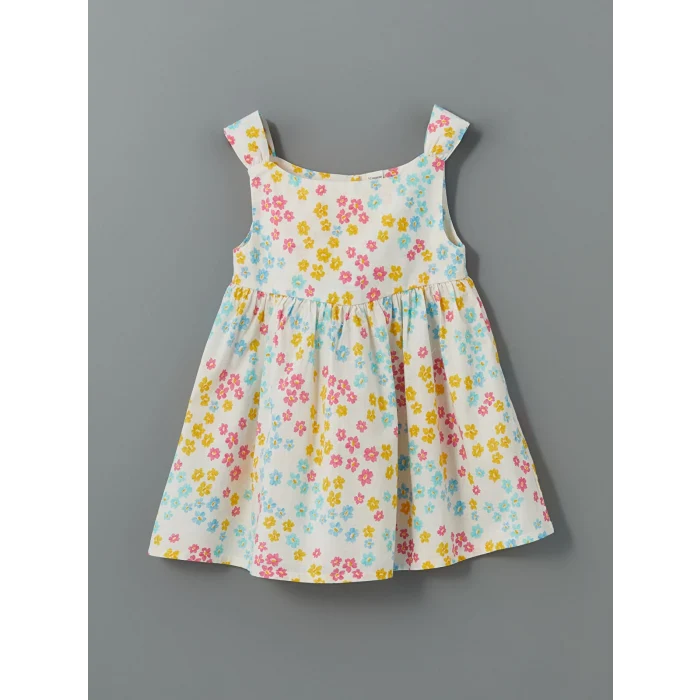 LCW Kids Ekru Bisiklet Yaka Çiçekli Kız Çocuk Keten Elbise