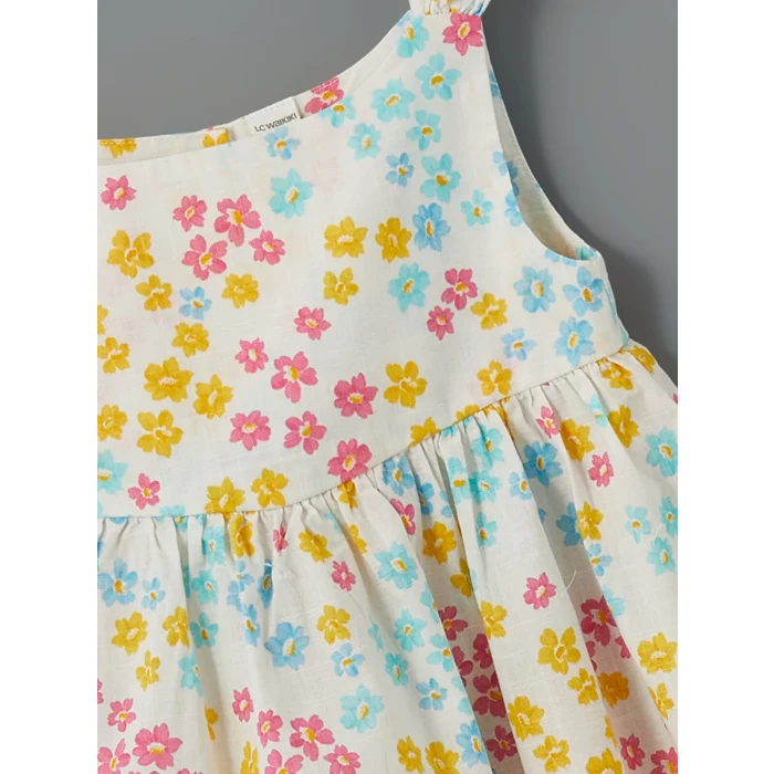 LCW Kids Ekru Bisiklet Yaka Çiçekli Kız Çocuk Keten Elbise