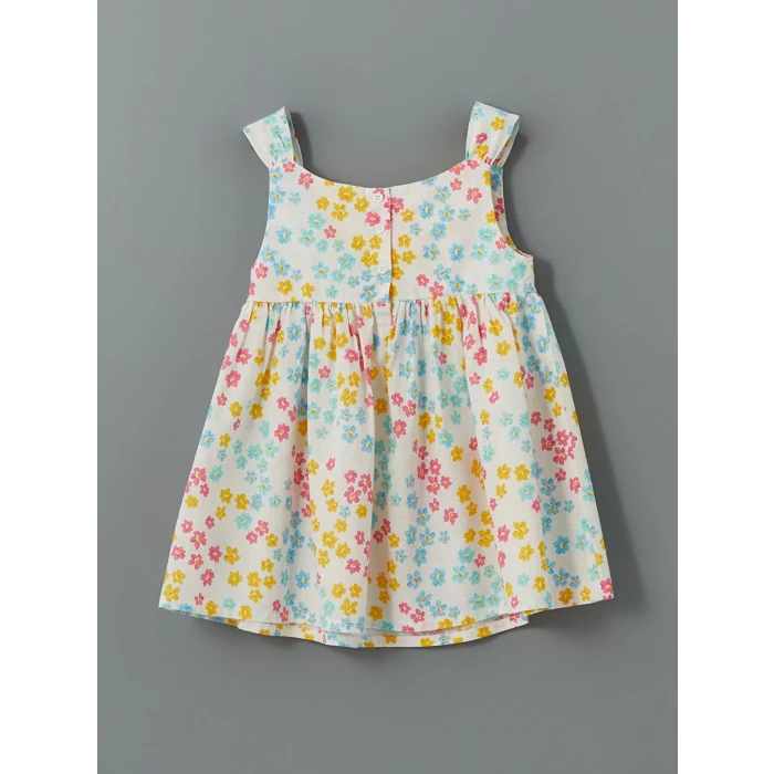 LCW Kids Ekru Bisiklet Yaka Çiçekli Kız Çocuk Keten Elbise