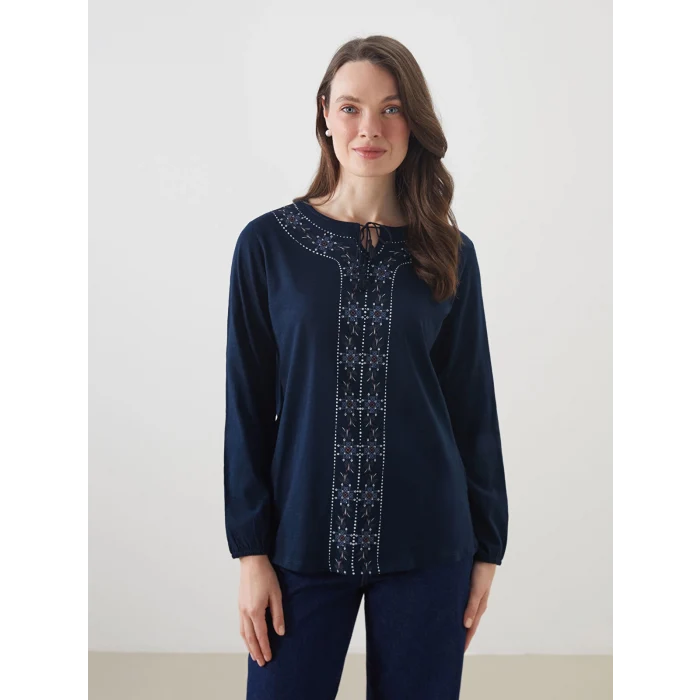 LCW Grace Lacivert Bağlamalı Yaka Desenli Bluz