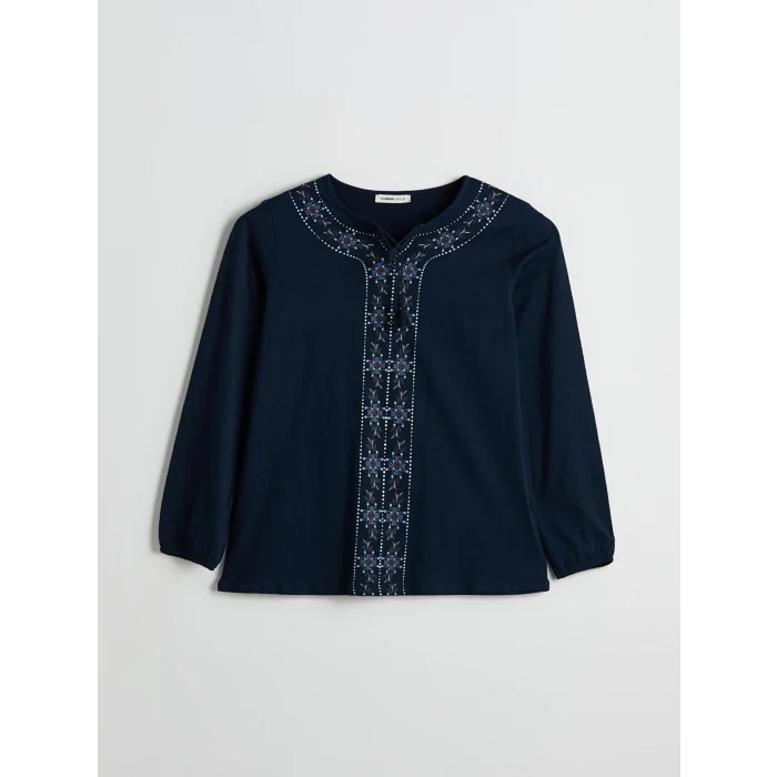 LCW Grace Lacivert Bağlamalı Yaka Desenli Bluz