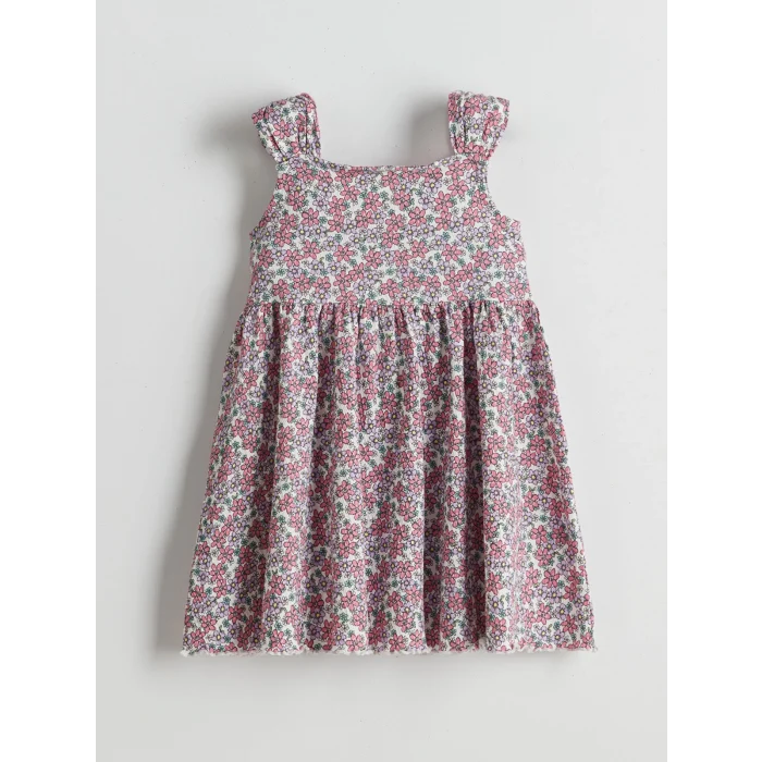 LCW Kids Ekru Çiçek Desenli Pileli Kız Çocuk Elbise