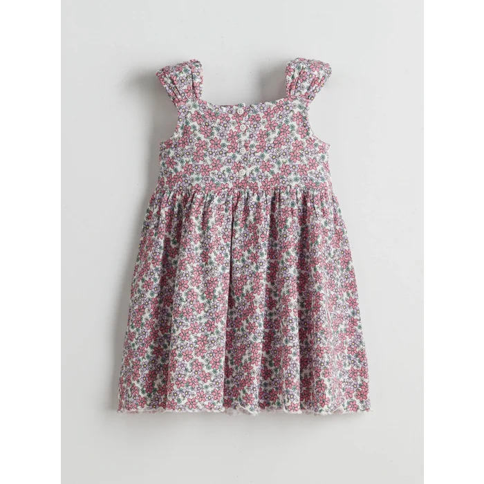 LCW Kids Ekru Çiçek Desenli Pileli Kız Çocuk Elbise