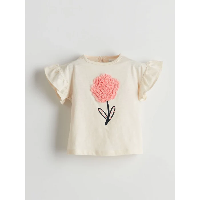 LCW baby Ekru Aplike Çiçekli Kız Bebek Bluz ve Şort 2li