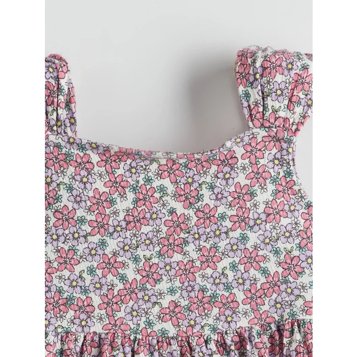 LCW Kids Ekru Çiçek Desenli Pileli Kız Çocuk Elbise