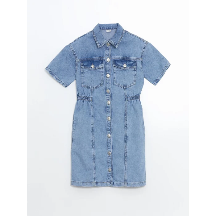 LCW Kids Mavi Kısa Kollu Kız Çocuk Jean Gömlek Elbise