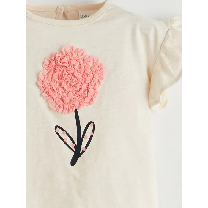 LCW baby Ekru Aplike Çiçekli Kız Bebek Bluz ve Şort 2li