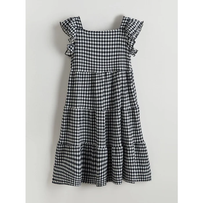 LCW Kids Lacivert Kare Yaka Ekose Kız Çocuk Elbise