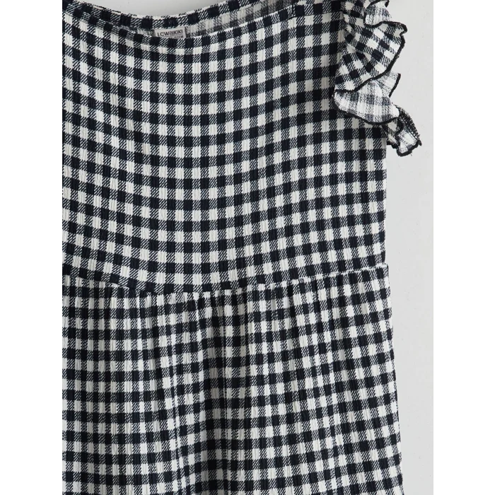 LCW Kids Lacivert Kare Yaka Ekose Kız Çocuk Elbise