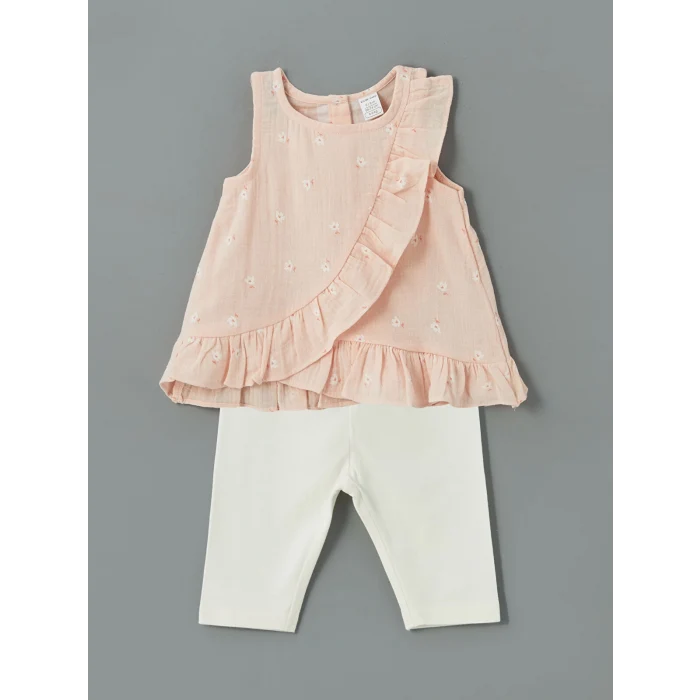 LCW baby Pembe Bisiklet Yaka Çiçekli Kız Bebek Bluz ve Tayt 2li