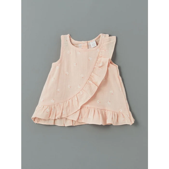 LCW baby Pembe Bisiklet Yaka Çiçekli Kız Bebek Bluz ve Tayt 2li