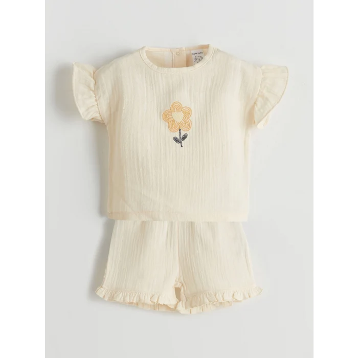 LCW baby Bej Bisiklet Yaka Çiçekli Kız Bebek Bluz ve Şort 2li