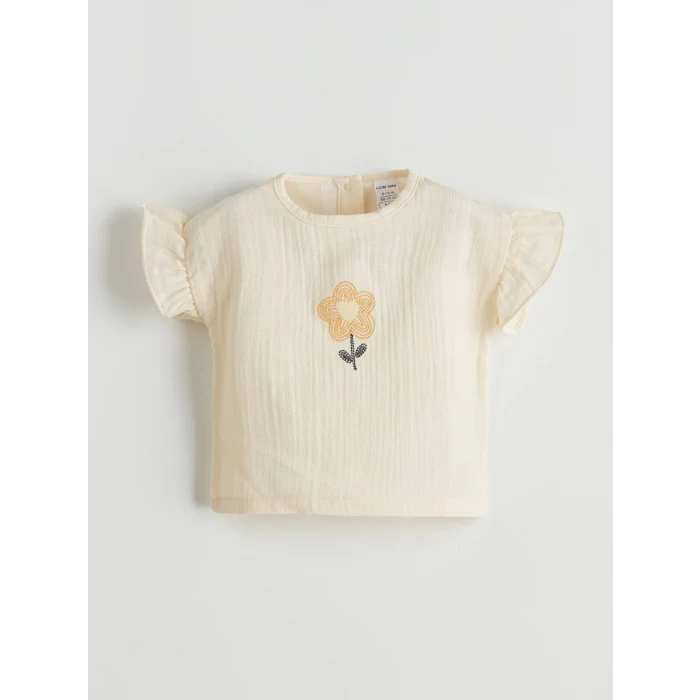 LCW baby Bej Bisiklet Yaka Çiçekli Kız Bebek Bluz ve Şort 2li