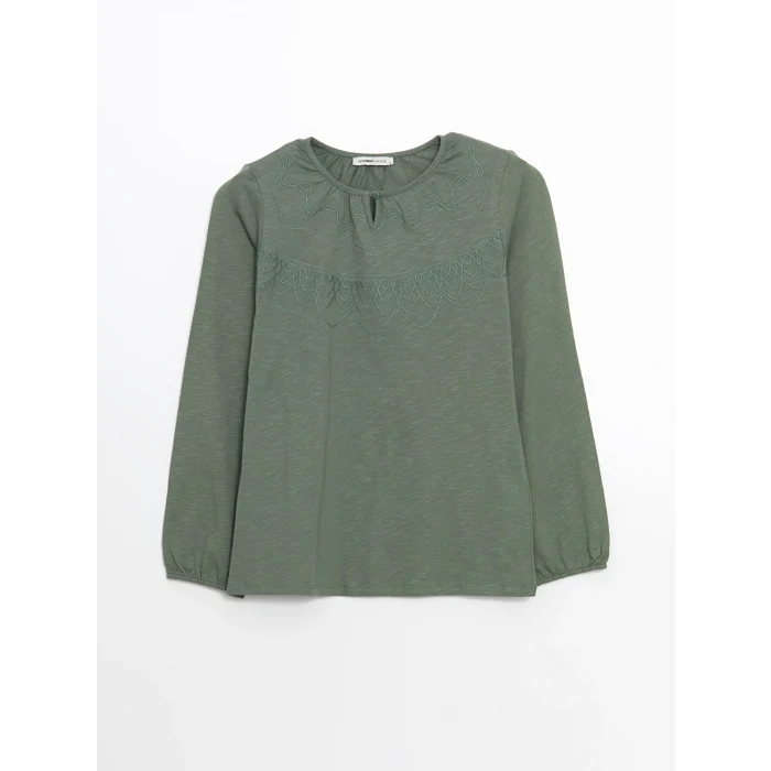 LCW Grace Yeşil Bisiklet Yaka Nakışlı Kadın Tişört