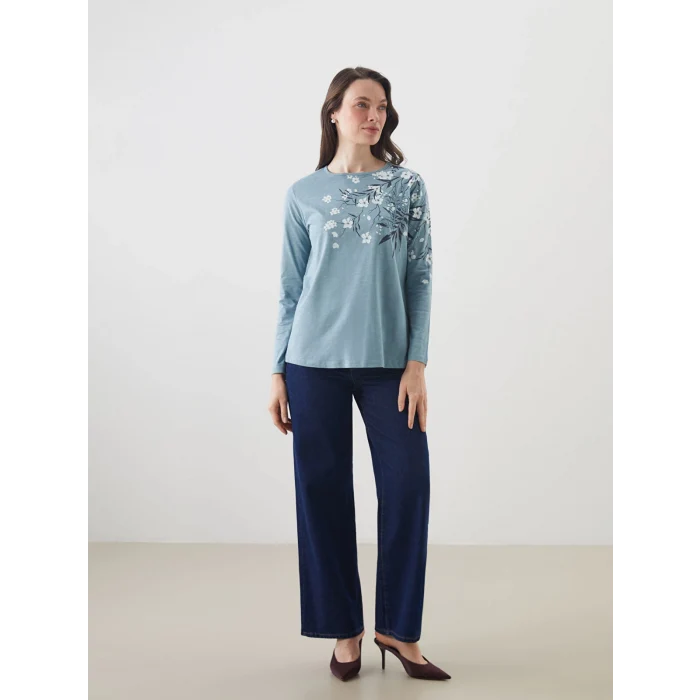 LCW Grace Mavi Bisiklet Yaka Çiçekli Kadın Bluz