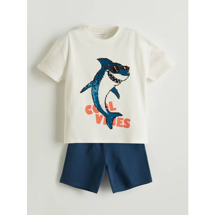 LCW Kids Ekru Baskılı Erkek Çocuk Tişört ve Şort 2li