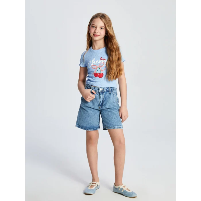 LCW Kids Mavi Beli Ayarlanabilir Lastikli Kız Çocuk Jean Şort