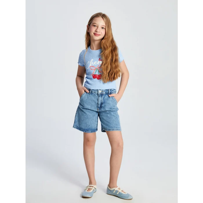 LCW Kids Mavi Beli Ayarlanabilir Lastikli Kız Çocuk Jean Şort