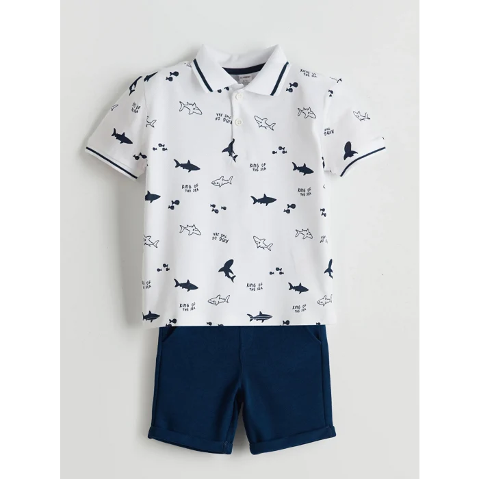 LCW Kids Ekru Polo Yaka Baskılı Erkek Bebek Tişört ve Şort 2li Takım