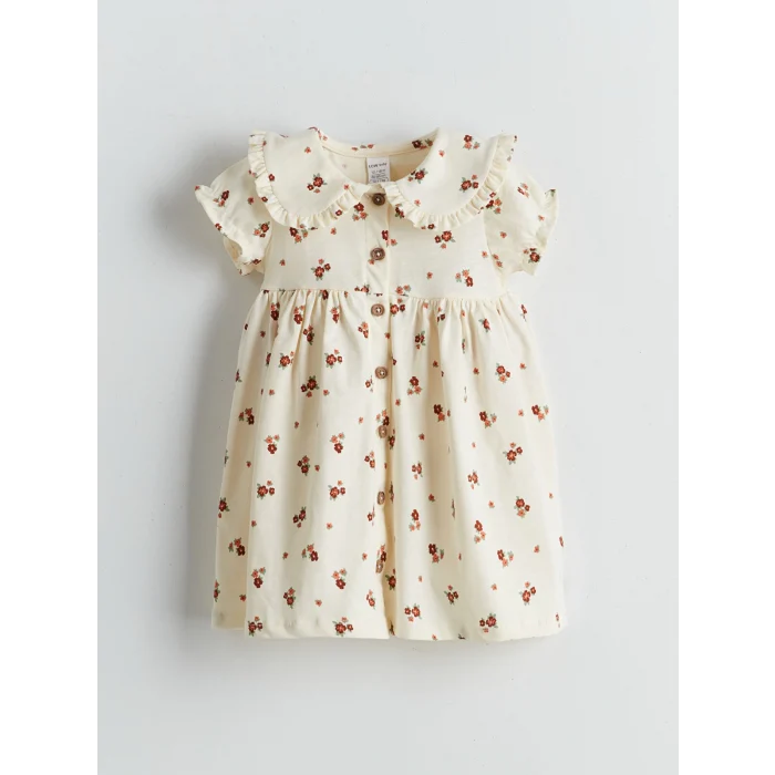 LCW baby Ekru Bebe Yaka Çiçekli Kız Bebek Elbise