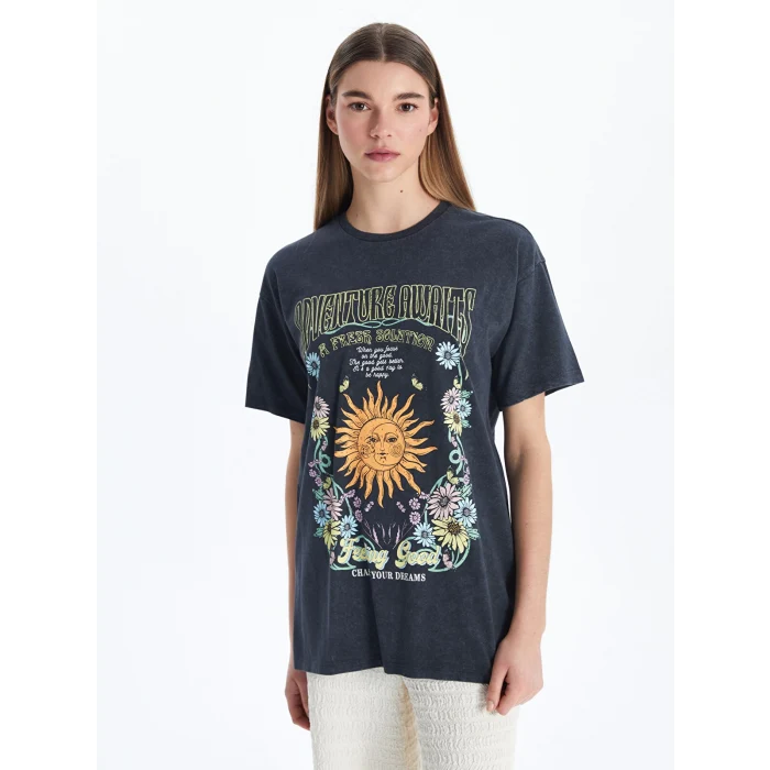 XSIDE Antrasit Bisiklet Yaka Baskılı Kadın Tişört