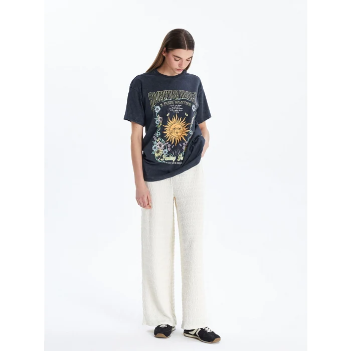 XSIDE Antrasit Bisiklet Yaka Baskılı Kadın Tişört